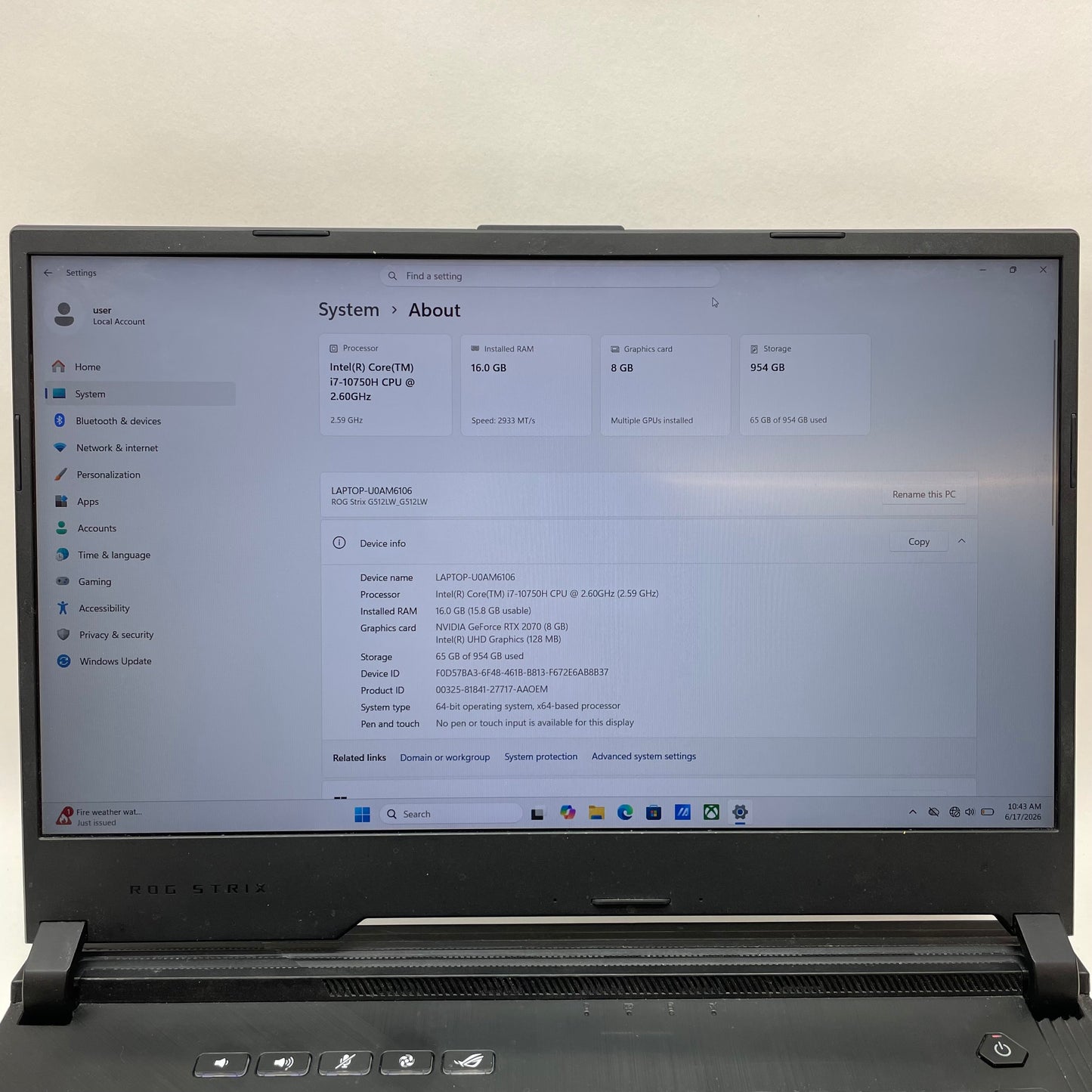 Asus ROG Strix G512LW 15.6" i7-10750H 2.6GHz 16GB RAM 1TB SSD GeForce RTX 2070
