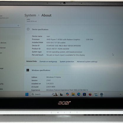 Acer Swift Sf314-42 series N19C4 14" Ryzen 7 4700U 8GB RAM 512GB Radeon Graphics