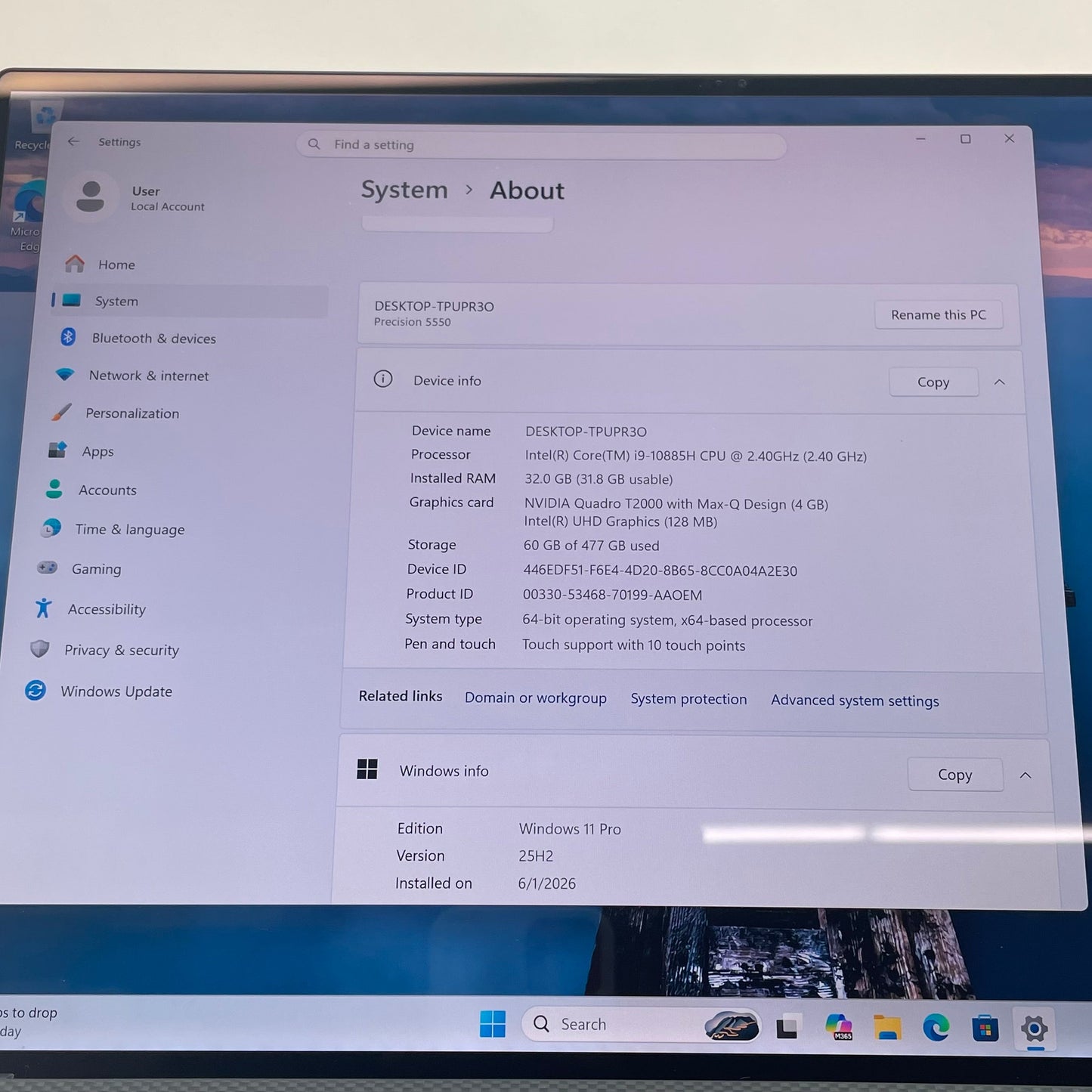 Dell Precision 5550 15.6" i9-10885H 2.4GHz 32GB RAM 512GB SSD Quadro T2000 Max-Q